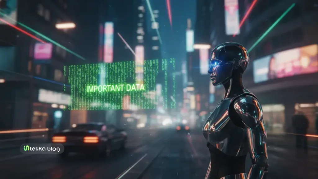 a robot and a holographic display neon green text saying important data in a futuristic city