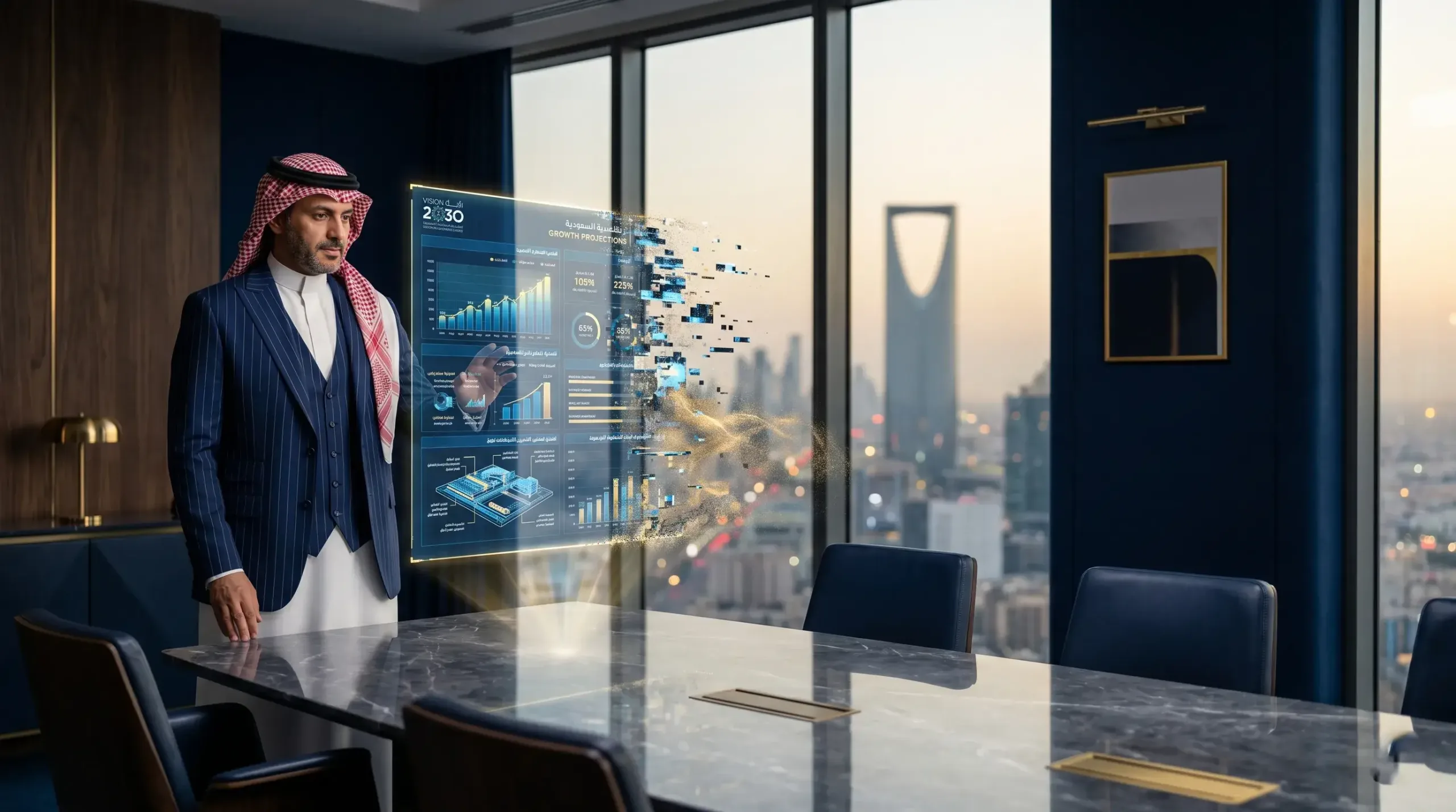 Visual representation of AI hallucinations and digital data mirages in Middle Eastern business settings.