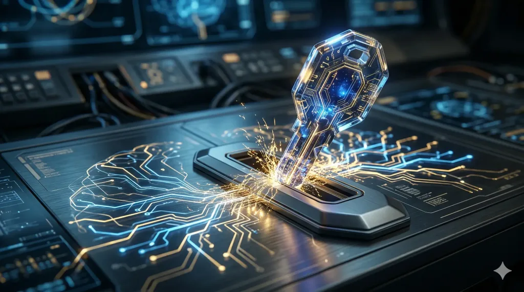 A glowing digital ignition key being inserted into a high-tech console, symbolizing prompt engineering as the strategic lever for generative AI.