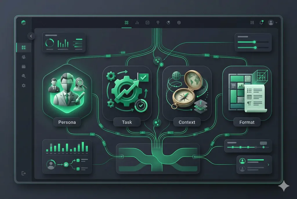 Professional UI dashboard infographic showing the four pillars of a business prompt: Persona, Task, Context, and Format.