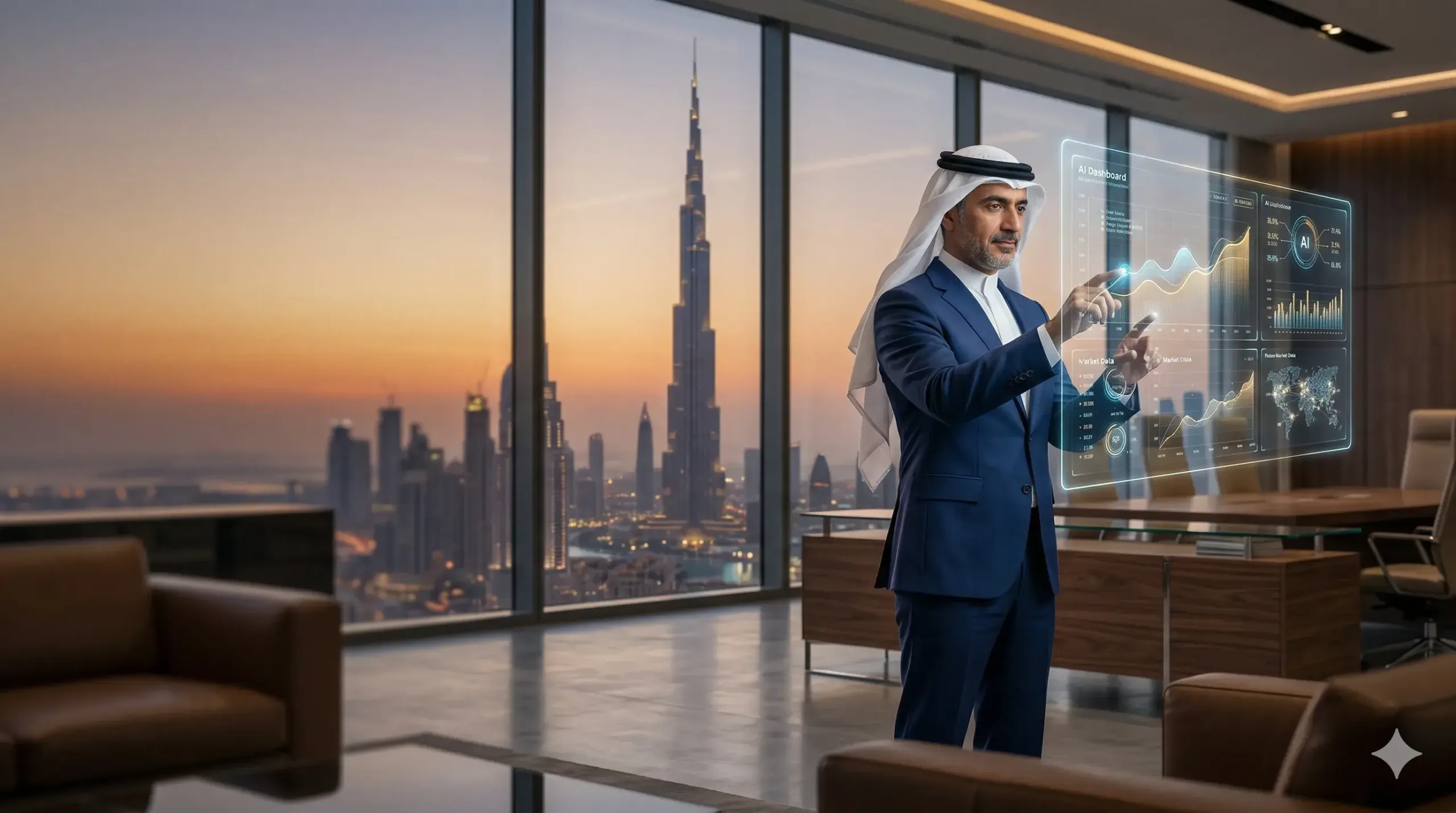Visionary CEO in a luxury Dubai office interacting with a futuristic holographic AI dashboard to optimize business strategy and ROI.