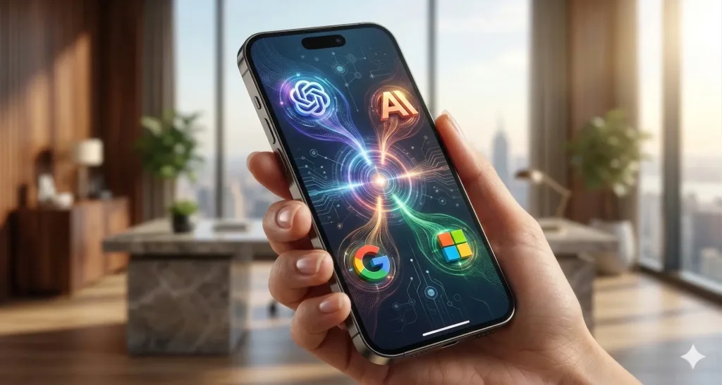 Close-up of a premium smartphone displaying the Intelika unified interface for seamless access to GPT-4, Claude, and Gemini AI models.