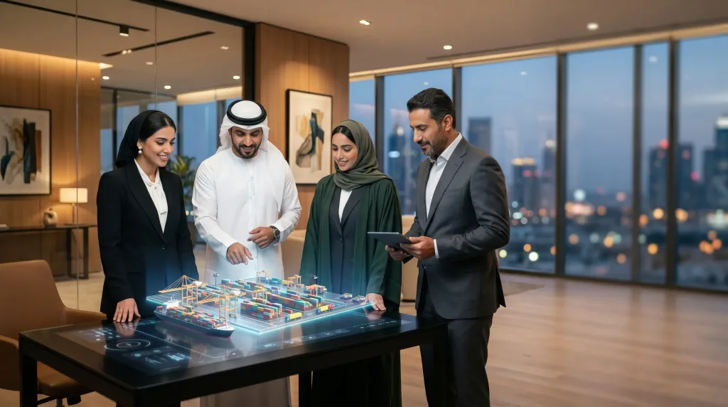 A team of Middle Eastern professionals utilizing Intelika's AI solutions to optimize supply chain and port operations.