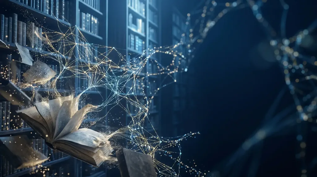 Abstract representation of machine learning and the processing of trillions of words through complex neural networks and parameters.