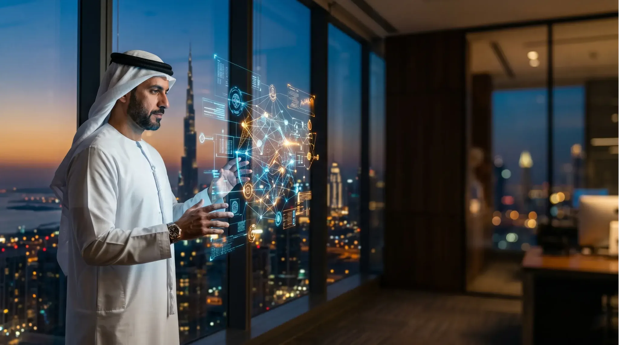 A GCC executive exploring Large Language Model (LLM) applications in a modern high-rise office.
