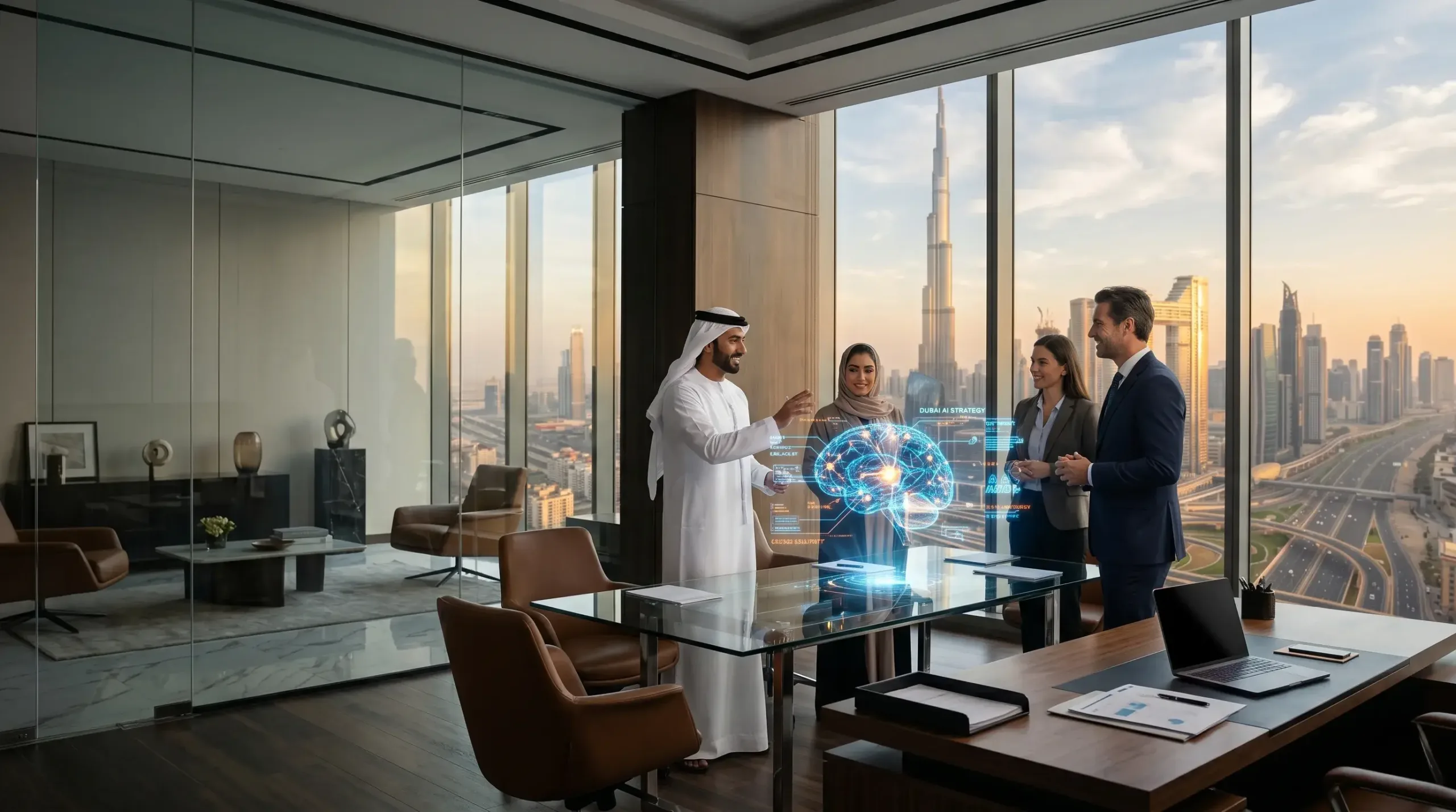 B2B executives in a Dubai office discussing Machine Learning integration for business growth.