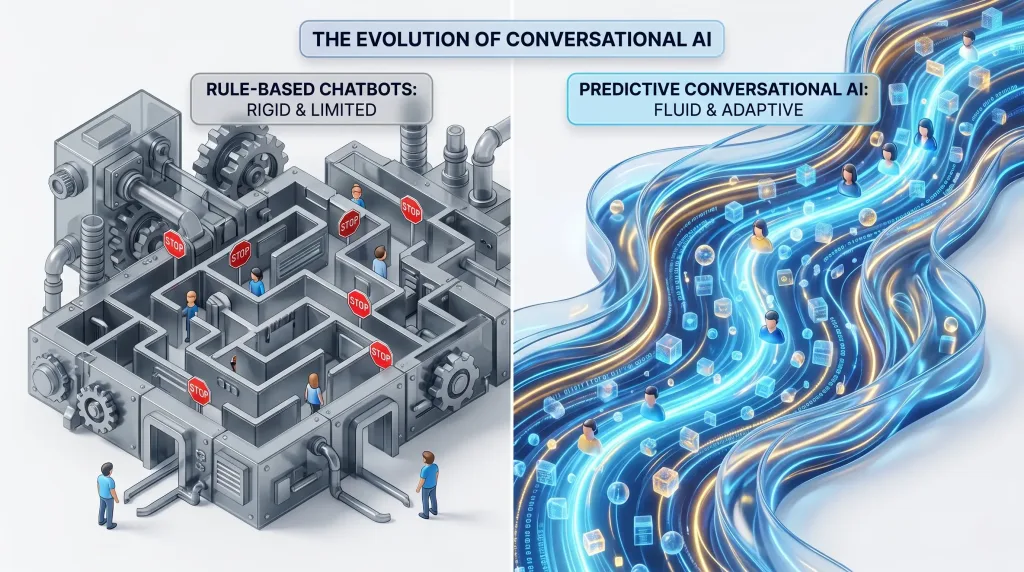 Comparison between basic rule-based chatbots and advanced predictive conversational AI.