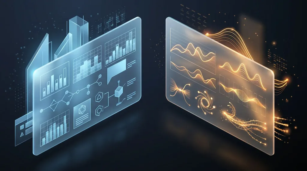 Graphic design layout comparing the flexibility of AI language models against traditional rule-based systems.