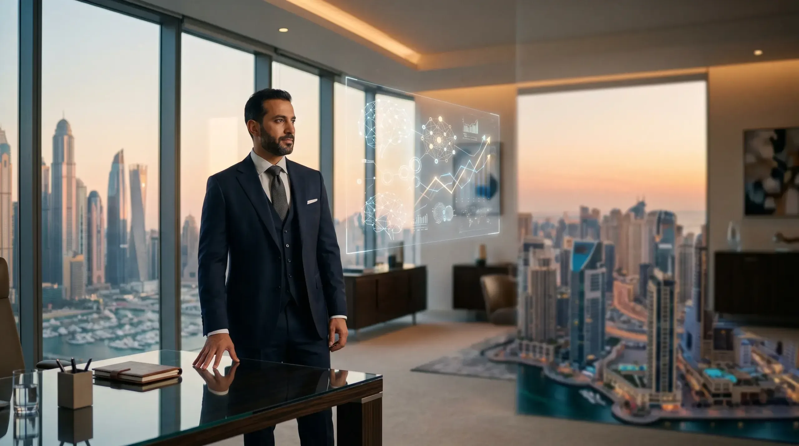 A GCC business leader evaluating a premium AI strategy in a modern luxury office.